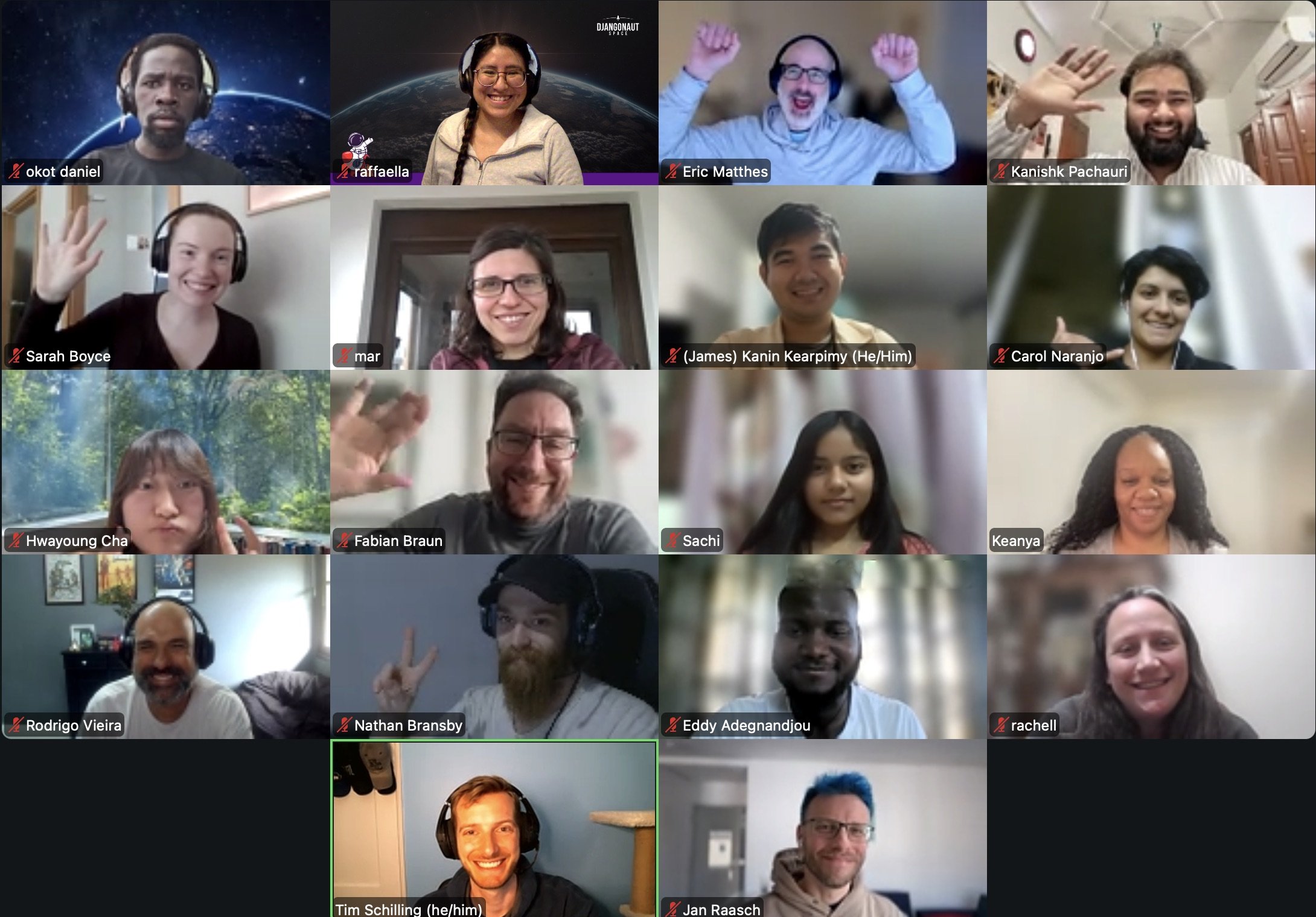 A screenshot of several of the Session 6 participants. There are 18 tiles with each showing a participant.