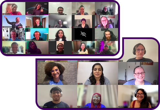 A grid of diverse Djangonauts smiling during an online launch session